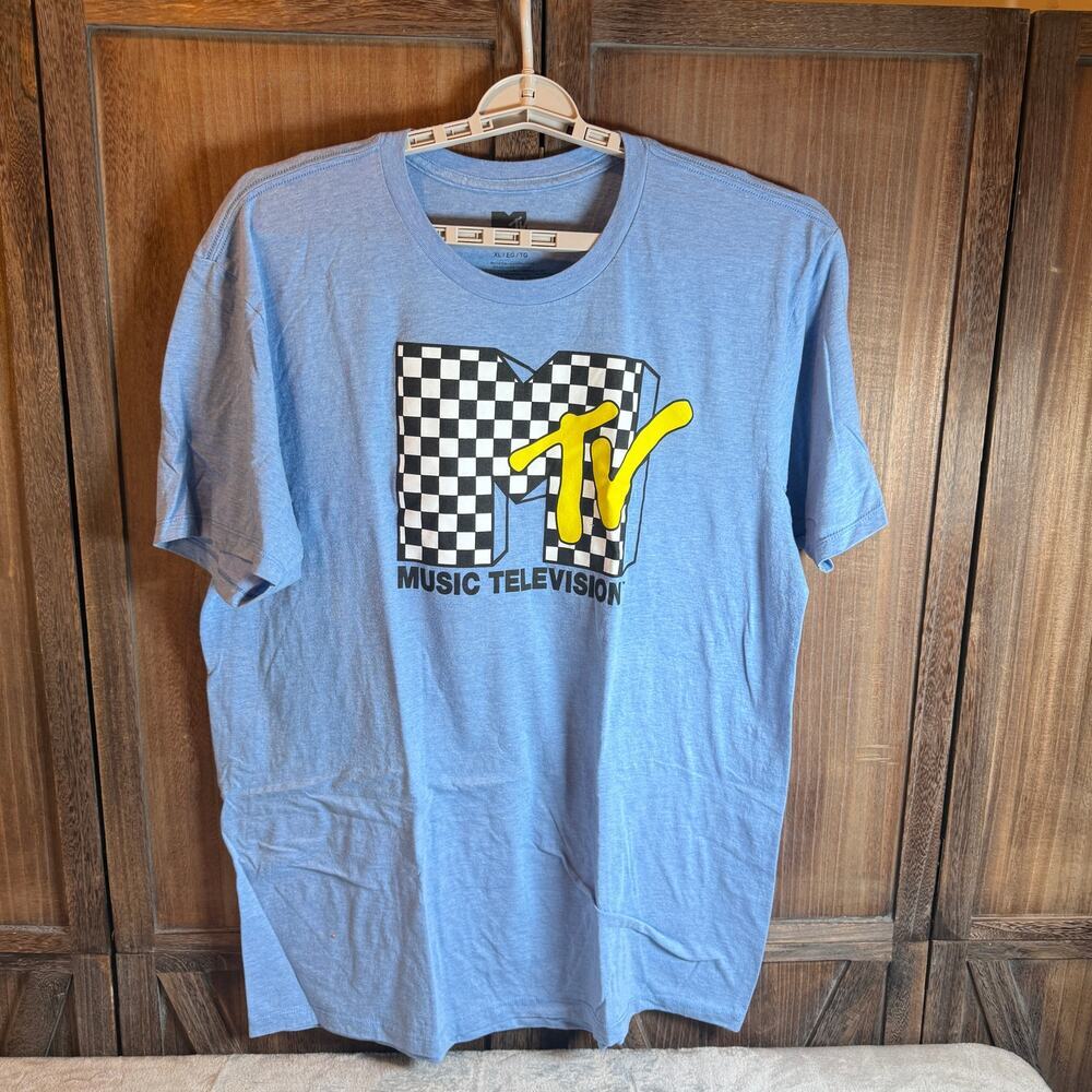 Blue MTV Checkerboard Logo Graphic Tee Men's XL Y2K Streetwear Music TV